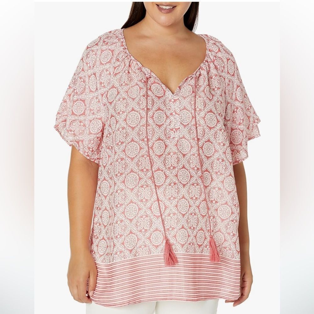 EVANS Women's Plus Size 14 Top Peasant pink geometric fabric tazos boho